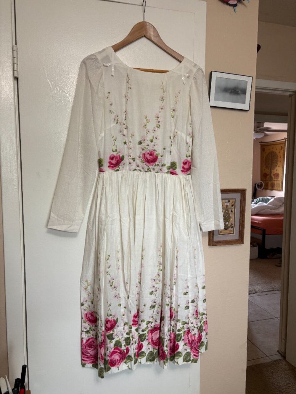Vintage Pink Roses Floral Long Sleeve Midi Dress - Picture 2 of 8